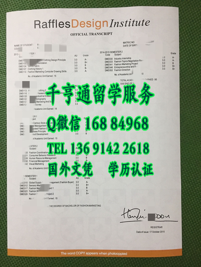 新加坡莱佛士国际设计专修学院上海校区成绩单 Raffles Design Institut transcript