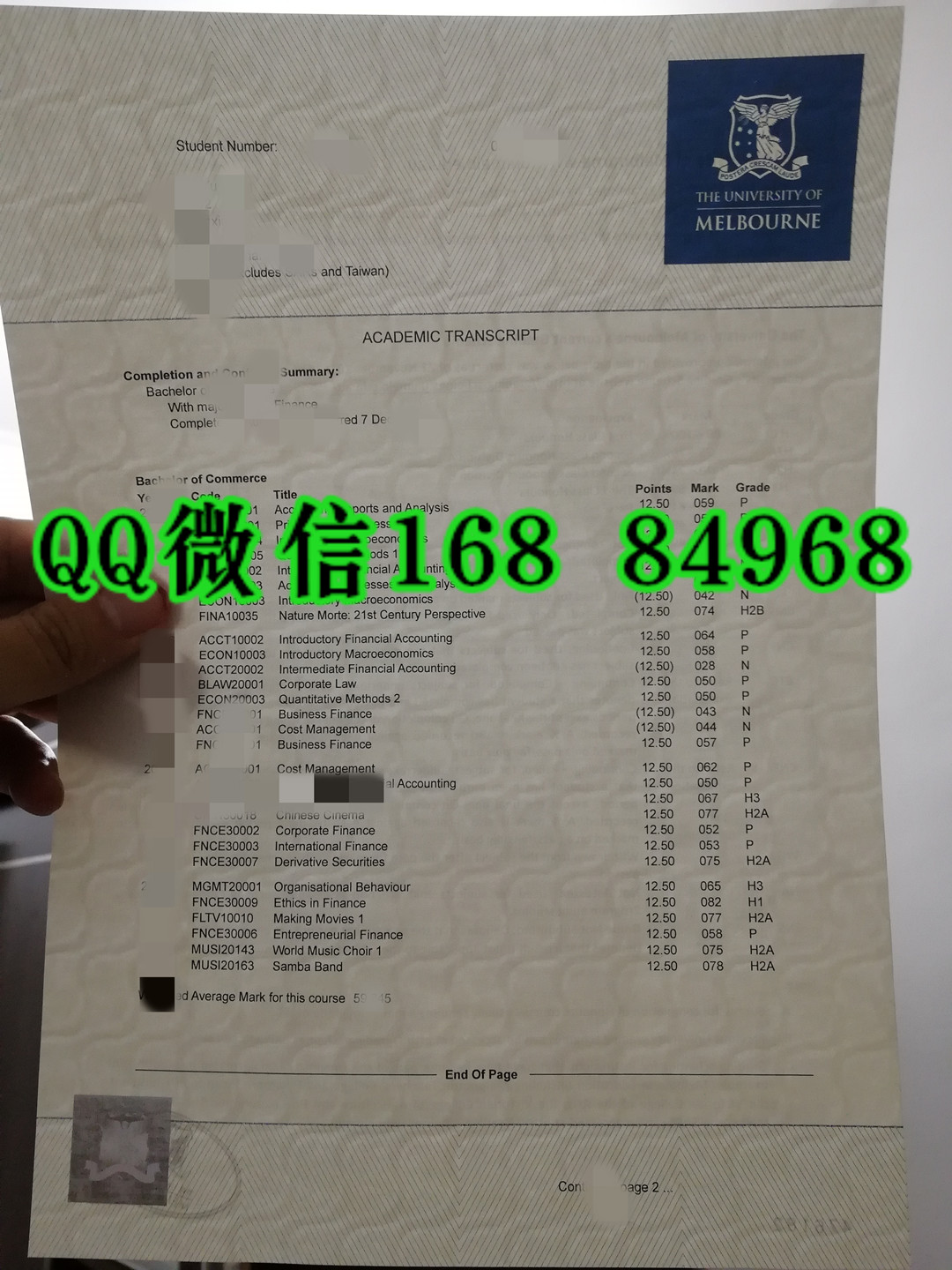 墨尔本大学成绩单防伪对光水印，University of Melbourne transcript