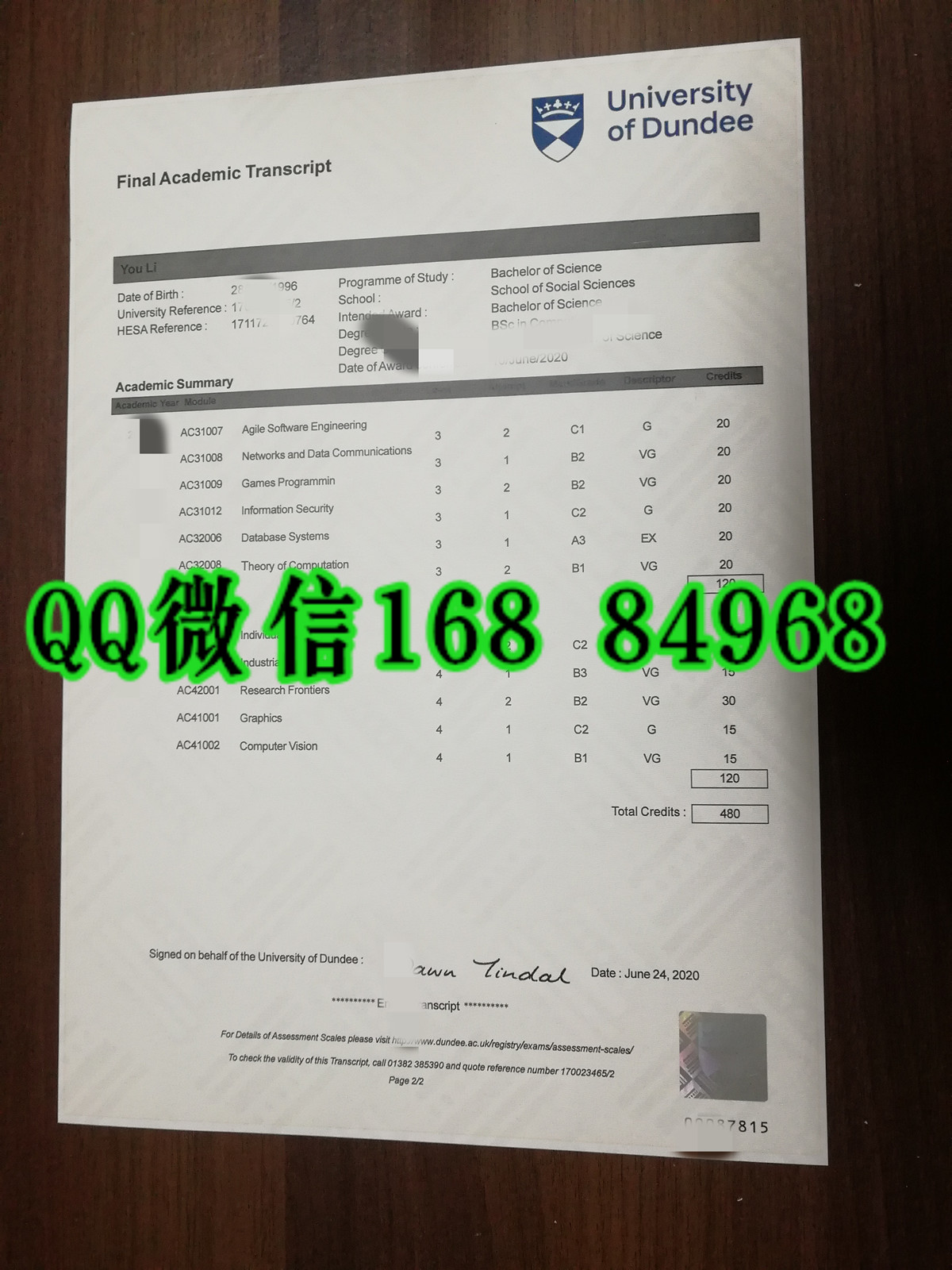 英国邓迪大学成绩单对光水印效果展示，dundee university transcript
