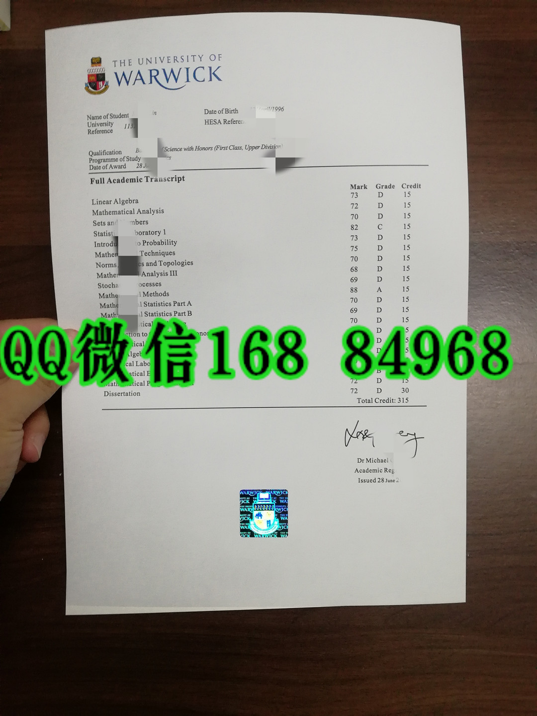 英国华威大学成绩单印刷，warwick university  transcript