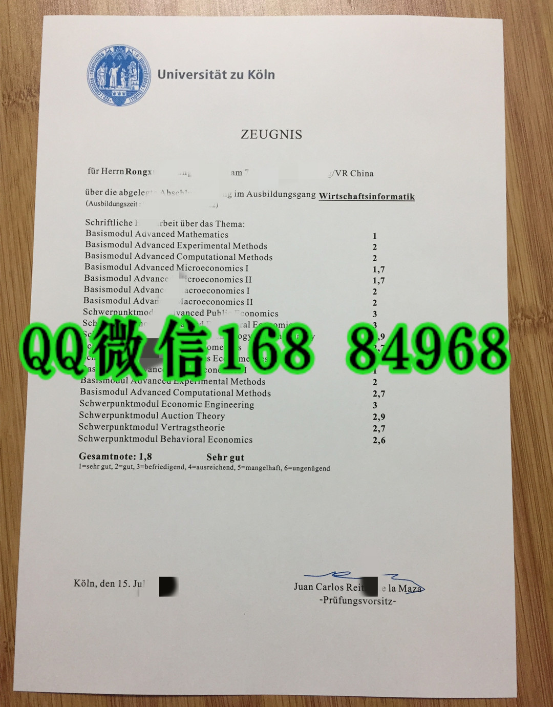 德国科隆大学成绩单，University of Cologne transcript