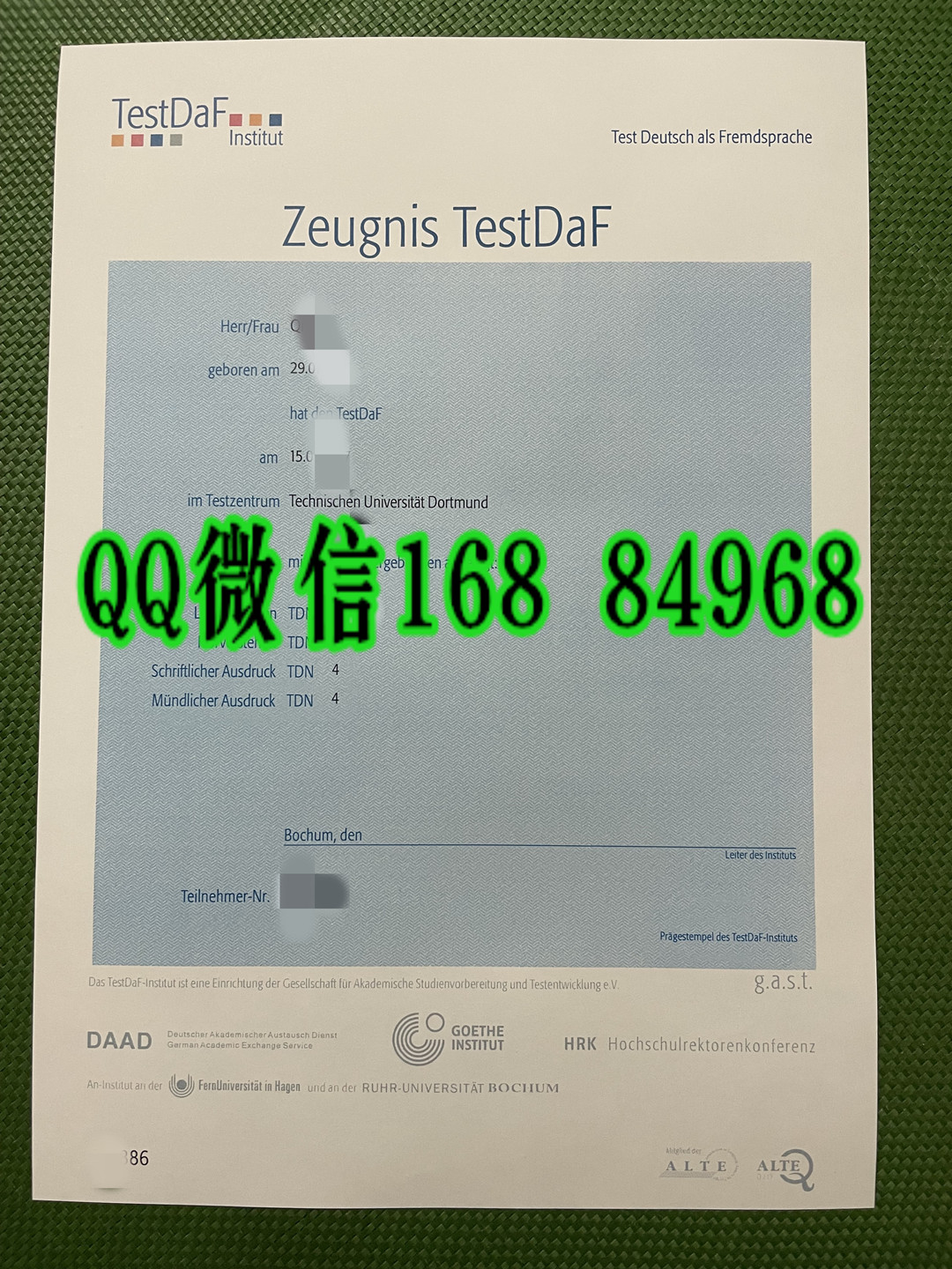 德福考试成绩单zeugnis testdaf，TestDaf德福考试成绩单，德福考试TestDaF成绩单