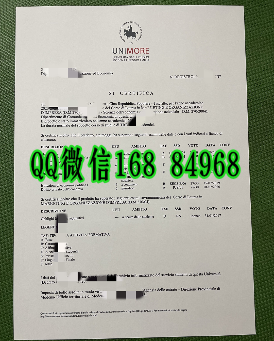 意大利米兰大学成绩单，The University of Milan transcript