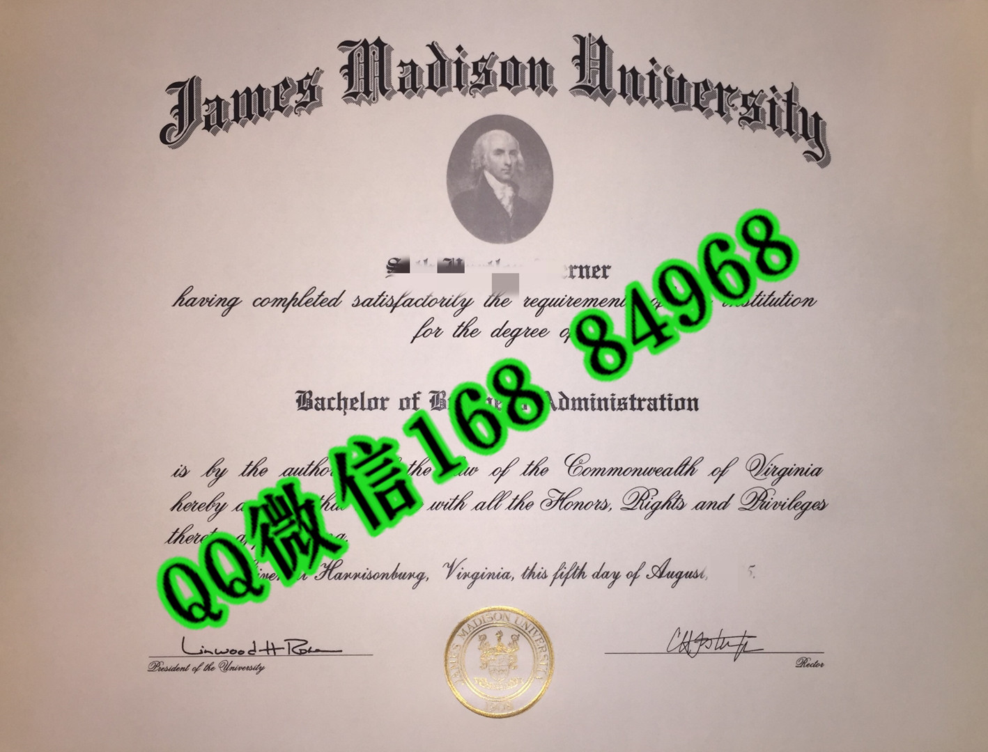 美国詹姆斯麦迪逊大学毕业证成绩单，James Madison University diploma certificate