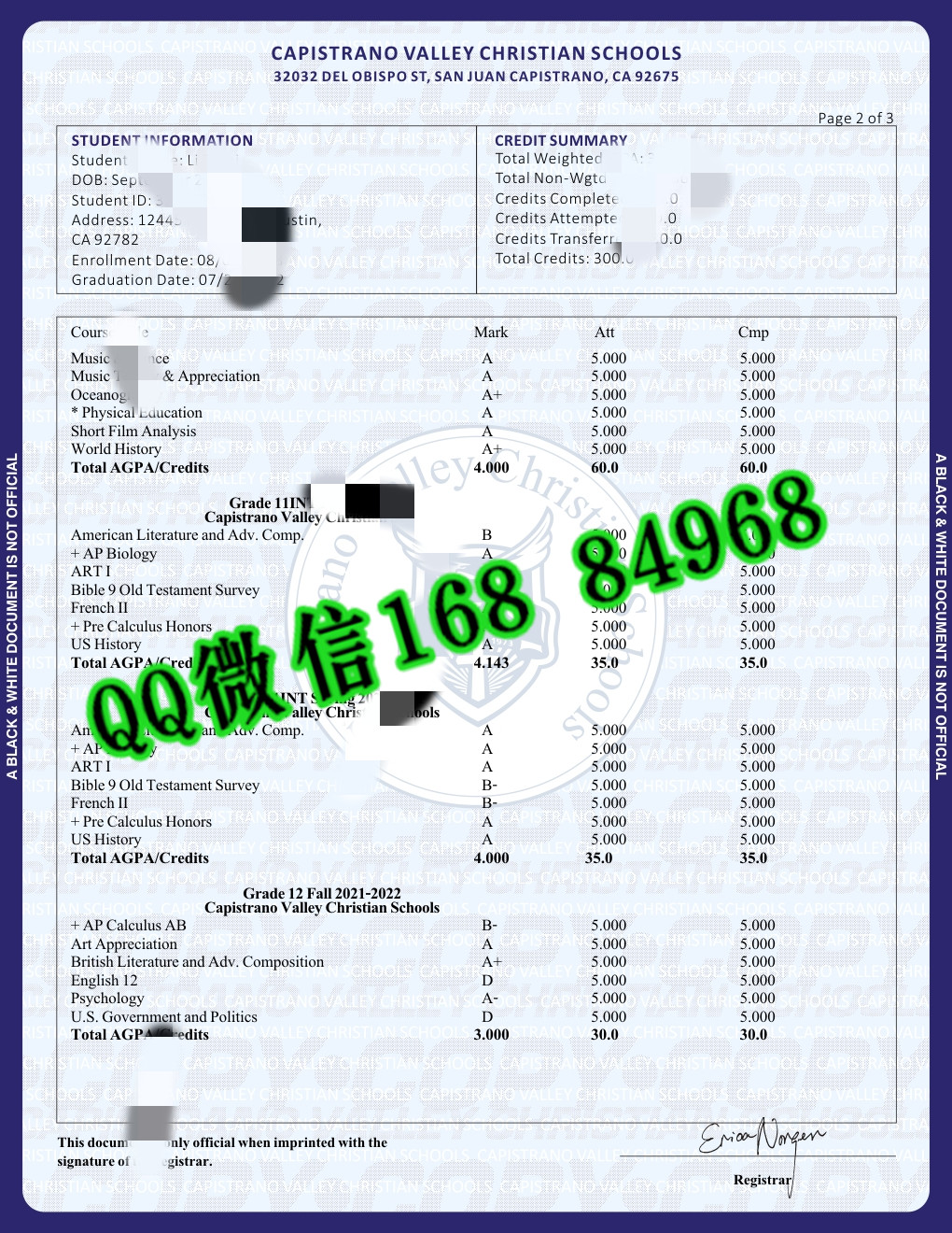 美国卡佩斯诺中学高中成绩单，Capistrano Valley Christian School transcript