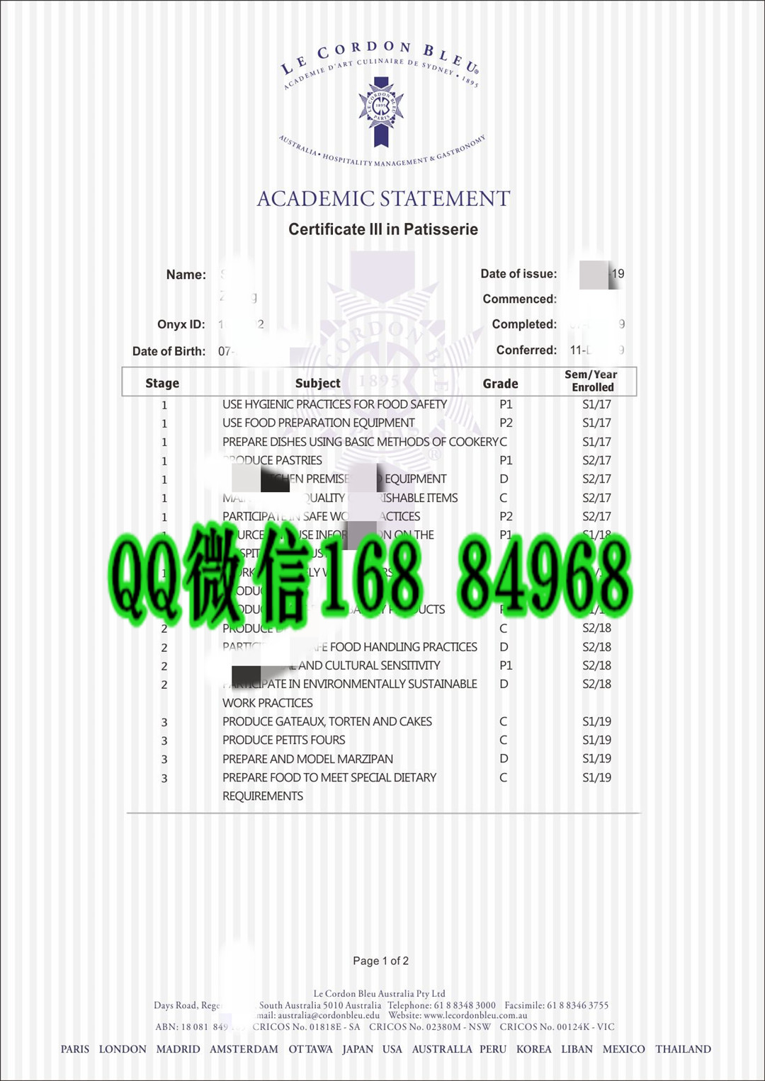 网购澳大利亚蓝带国际学院成绩单，蓝带国际学院澳大利亚成绩单正反面模版