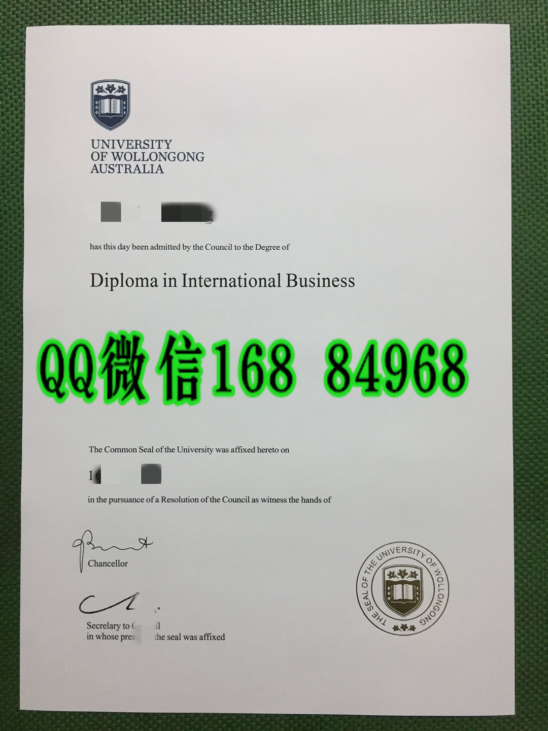 制作澳洲卧龙岗大学大专毕业证，University of Wollongong diploma degree