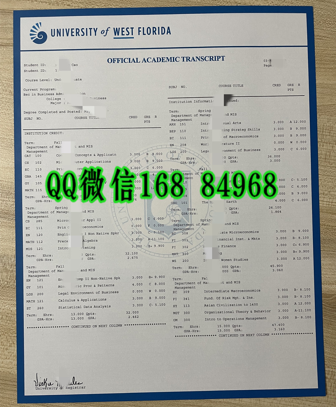 美国西佛罗里达大学University of West Florida成绩单，University of West Florida transcript