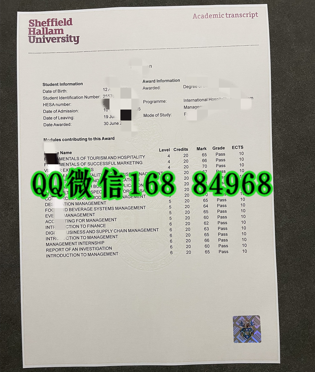 英国谢菲尔德哈勒姆大学sheffield hallam university成绩单，英国大学成绩单
