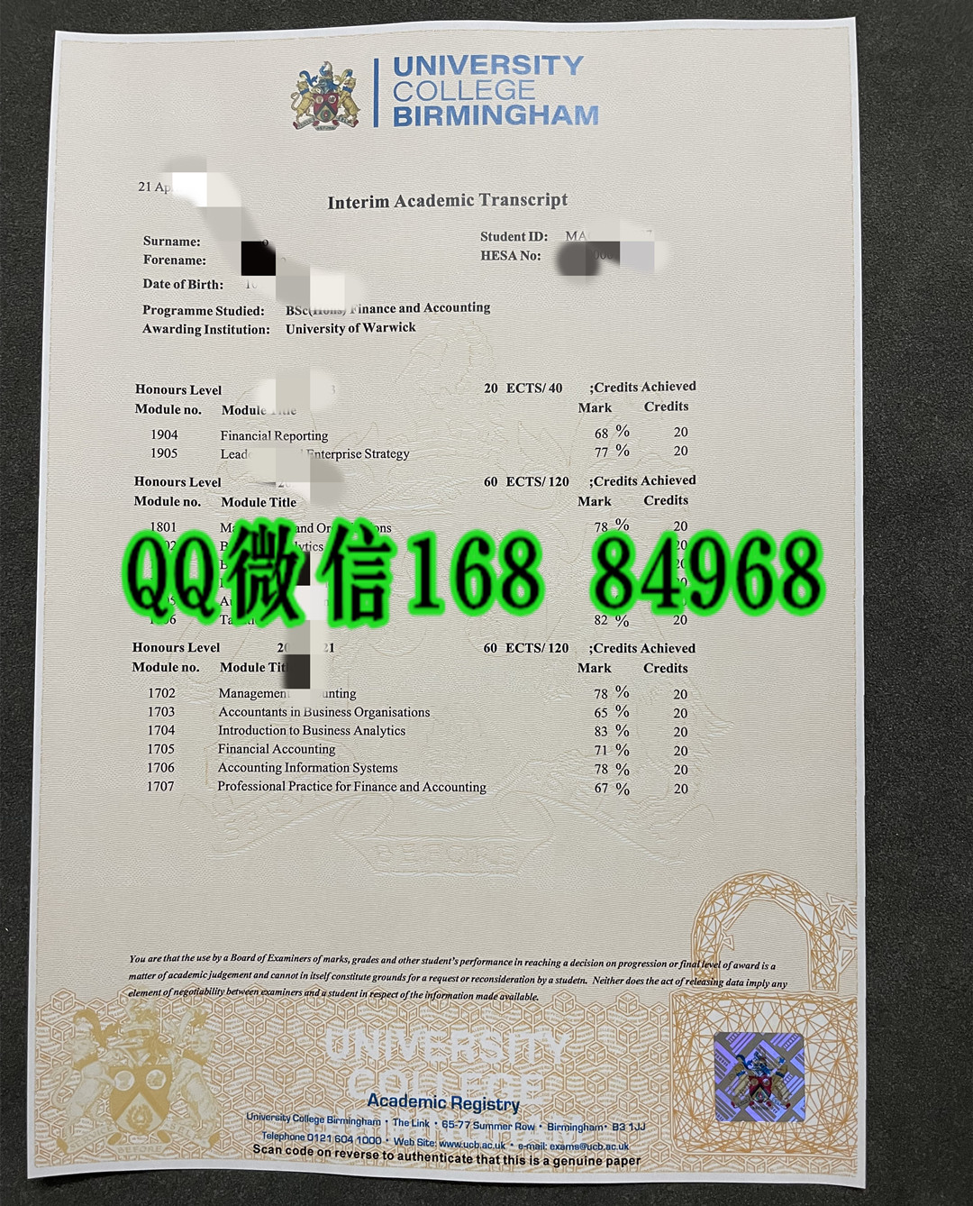 英国伯明翰大学学院成绩单，university college birmingham transcript