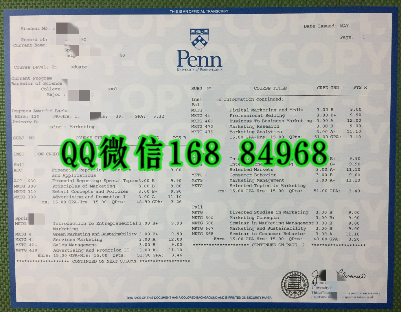 美国宾夕法尼亚大学university of peensylvania毕业证成绩单，美国大学成绩单