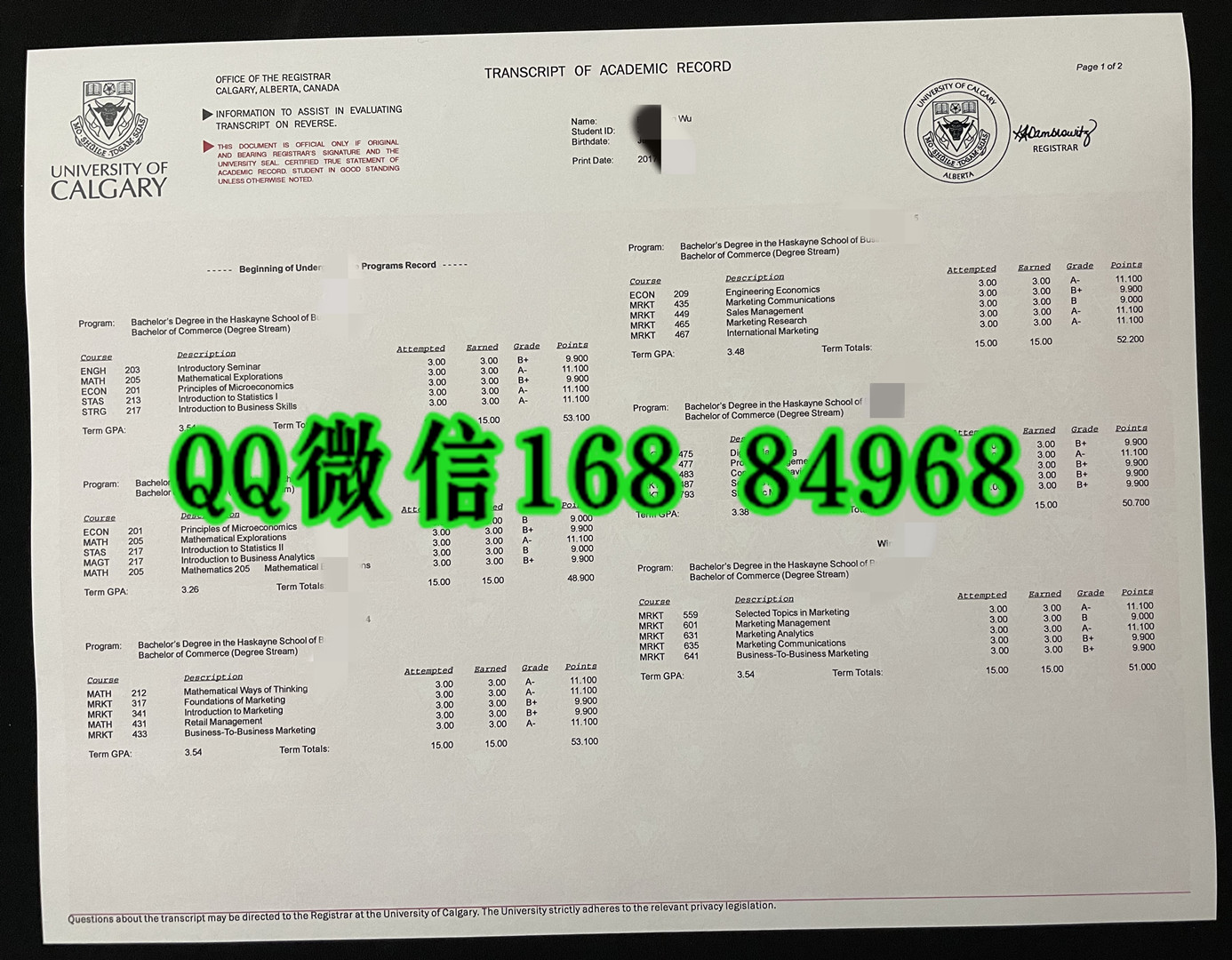 加拿大卡尔加里大学University of Calgary成绩单，University of Calgary transcript
