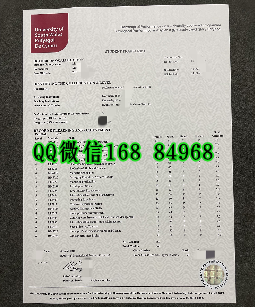 英国南威尔士大学成绩单，university of south wales transcript