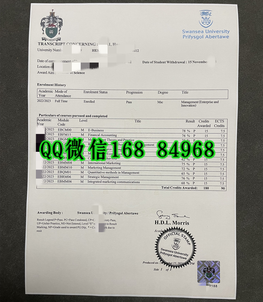 英国斯旺西大学Swansea University成绩单，Swansea University transcript
