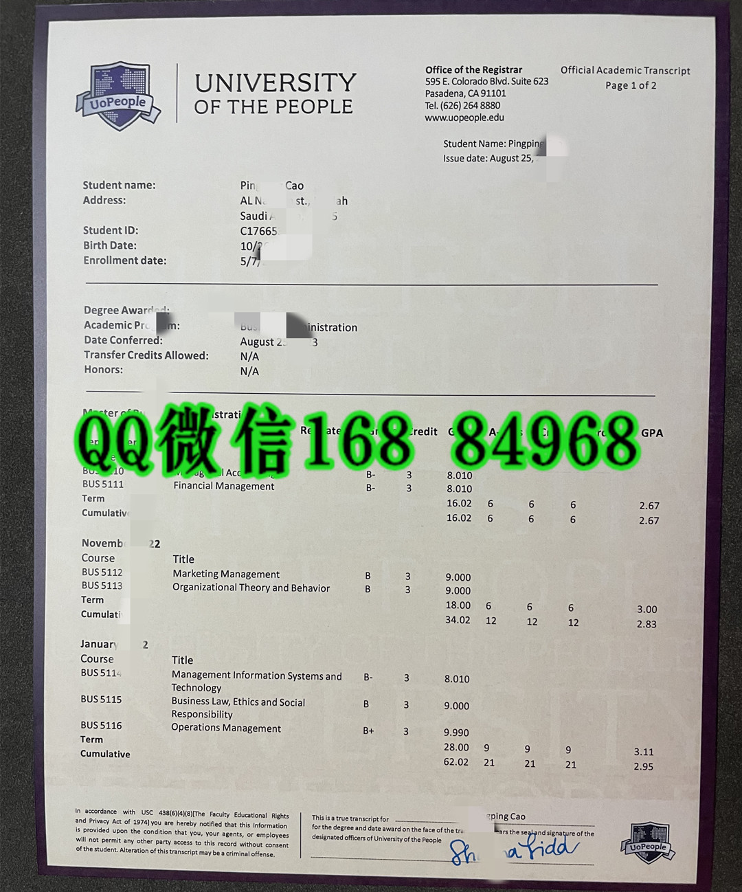 美国在线学校University of the People成绩单，University of the People transcript