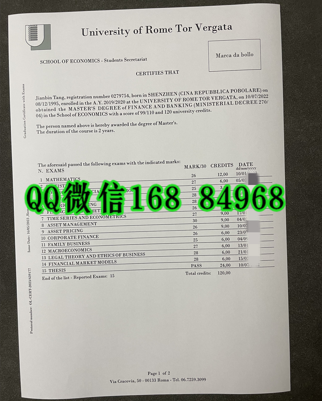 罗马第二大学院成绩单，university of rome tor vergata transcript
