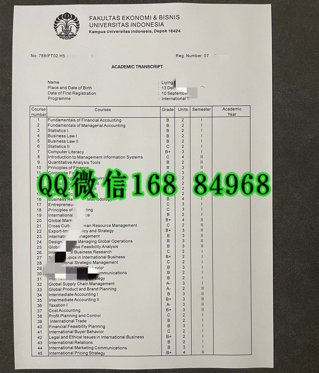 印度尼西亚大学University of Indonesia成绩单，University of Indonesia transcript