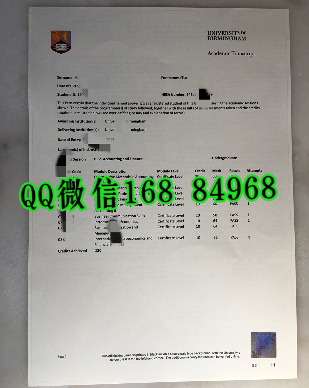 补办修改:伯明翰大学成绩单正反面印刷,University of Birmingham transcript