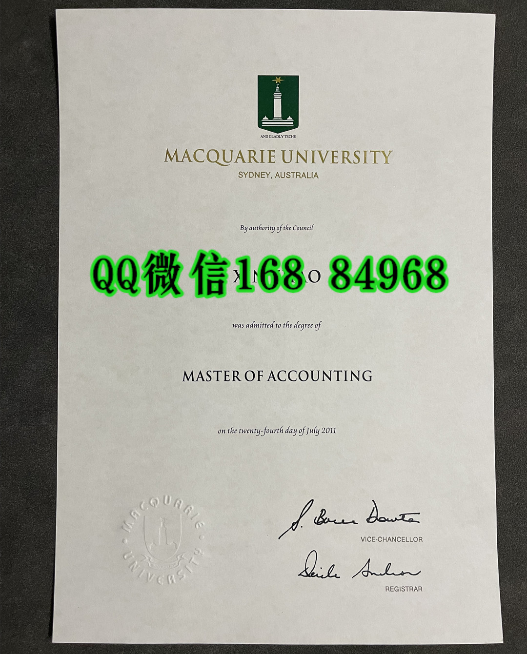 2011年澳洲麦考瑞大学硕士毕业证，Macquarie University master degree