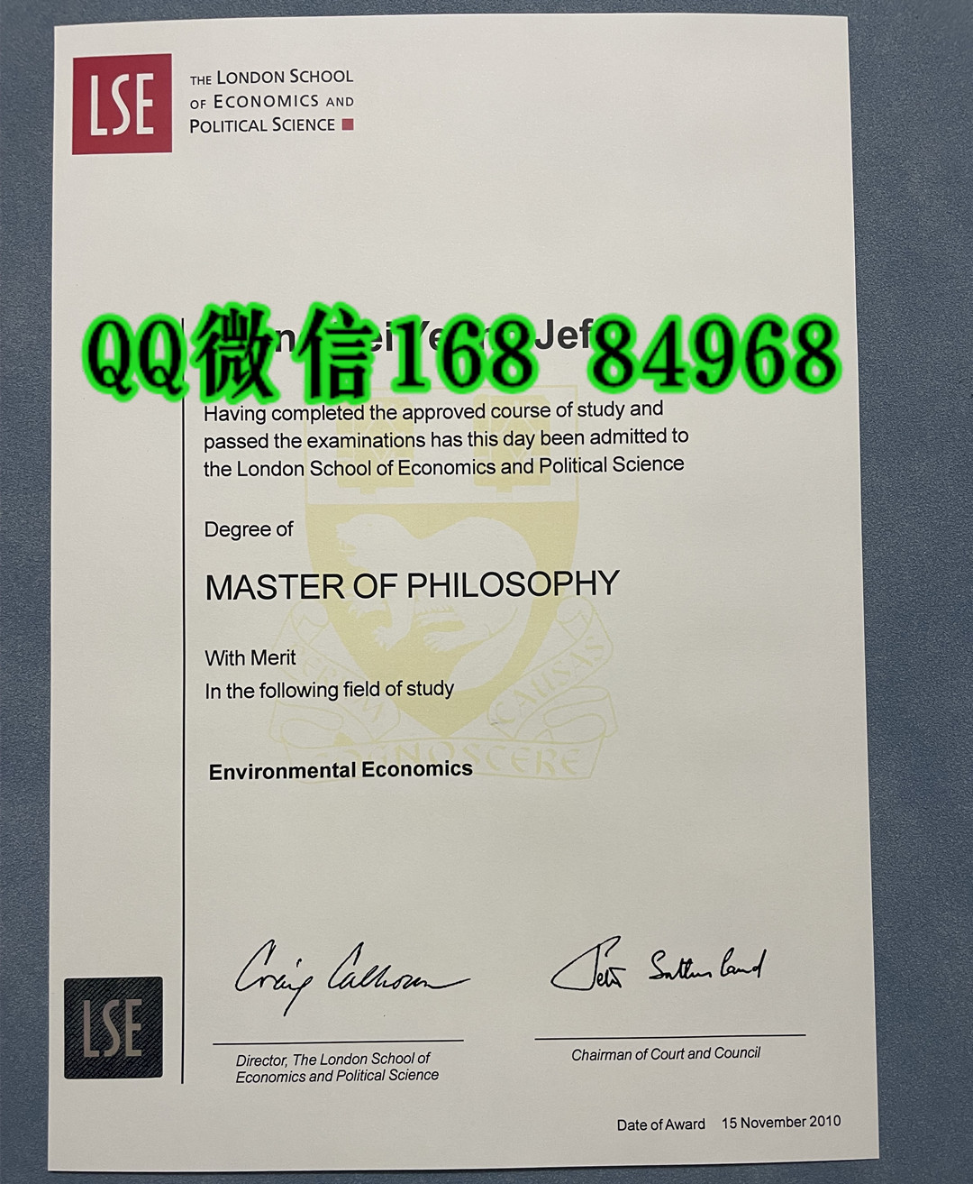 2010年英国LSE大学硕士毕业证学位证，伦敦政治经济学院毕业证范例旧版本