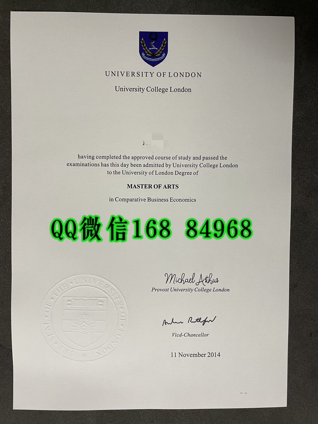 2014年伦敦大学学院学位毕业证，2014年伦敦大学学院文凭样本