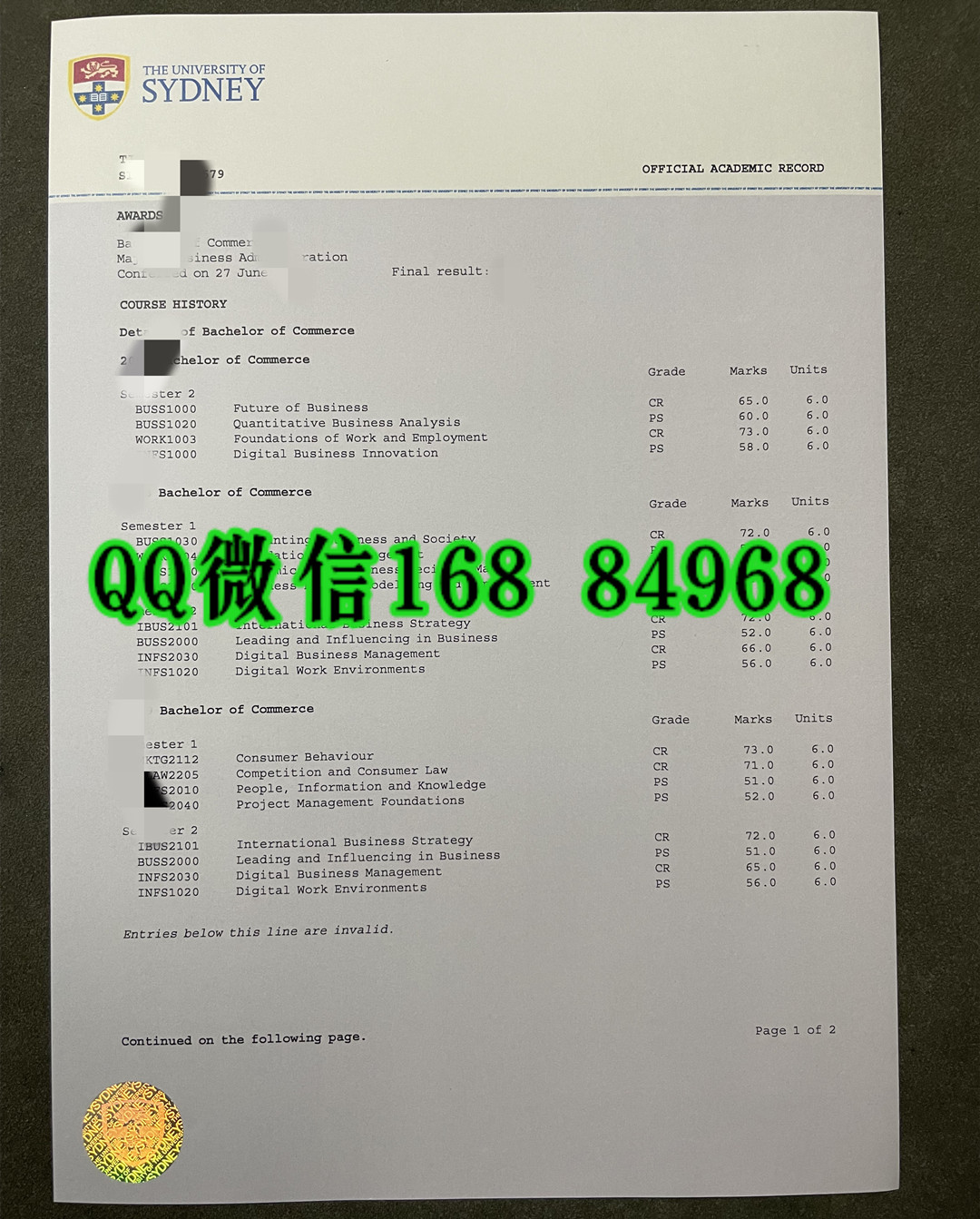 悉尼大学成绩单防伪，University of Sydney transcript