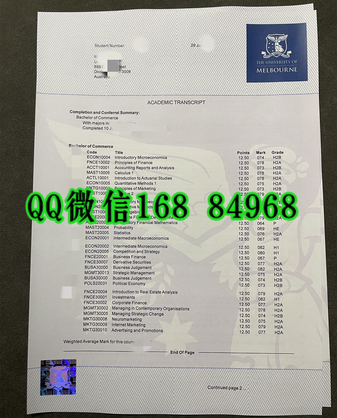 墨尔本大学商学士成绩单，University of Melbourne transcript Bachelor of Commerce