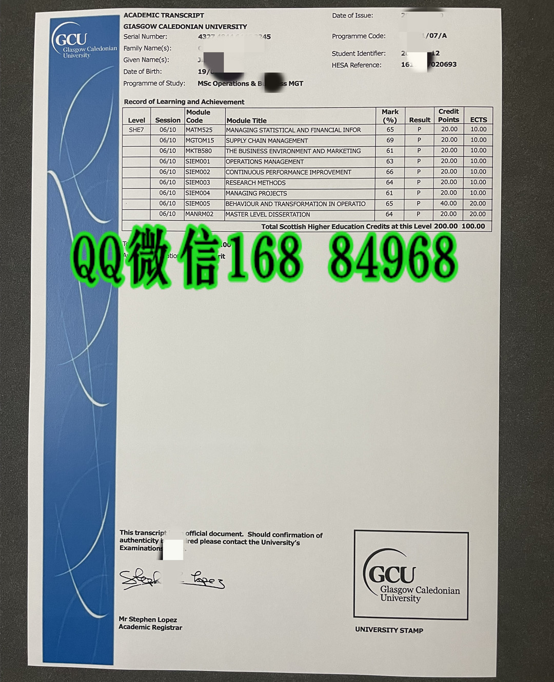 英国拉斯哥卡利多尼亚大学成绩单，Glasgow Caledonian University transcript