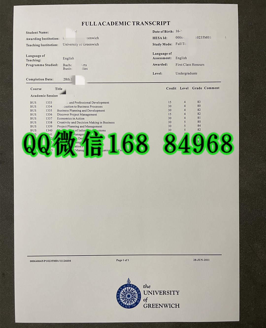 定制英国格林威治大学成绩单，University of Greenwich transcript