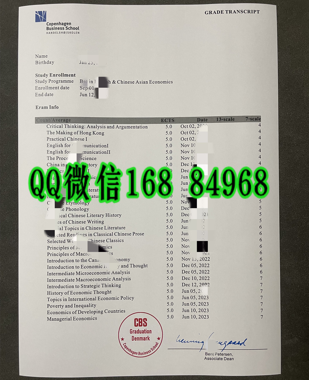丹麦哥本哈根商学院成绩单，Copenhagen Business School transcript