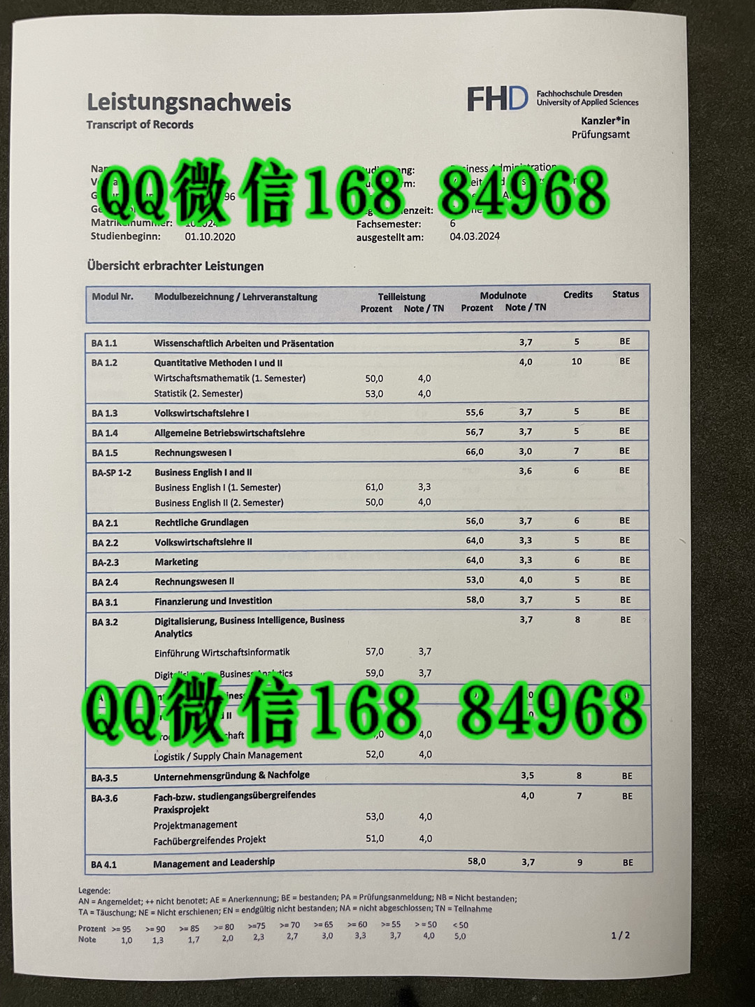 德累斯顿应用技术大学成绩单，Fachhochschule Dresden transcript