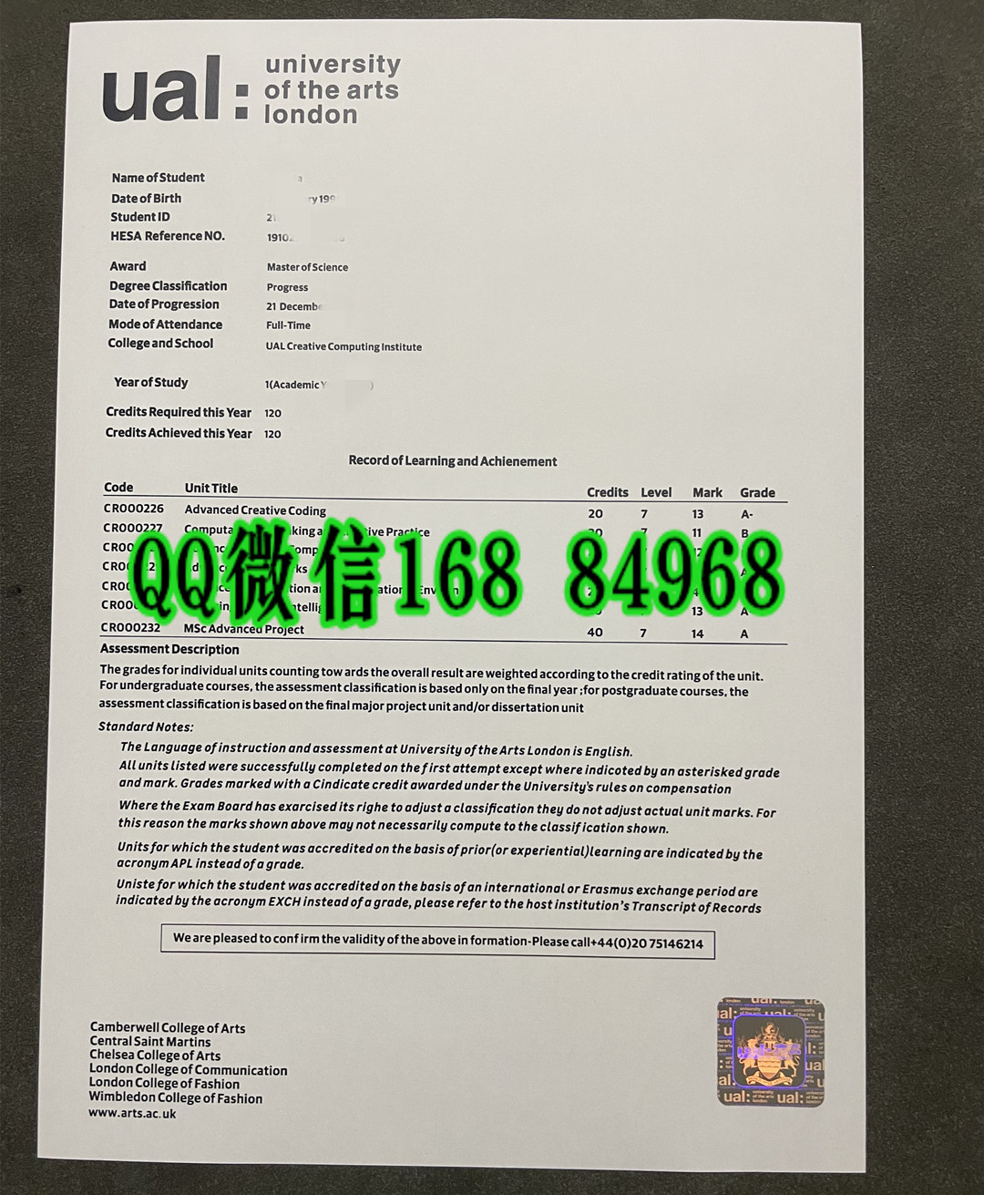 伦敦艺术大学硕士成绩单，University of the Arts London master transcript
