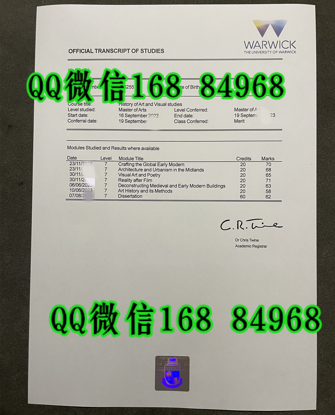 英国华威大学毕业证成绩单,Warwick大学成绩单，University of Warwick transcript