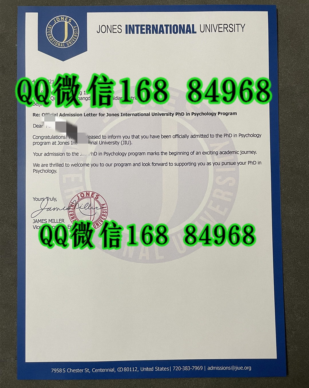 美国琼斯国际大学录取通知书，jones international university diploma offer