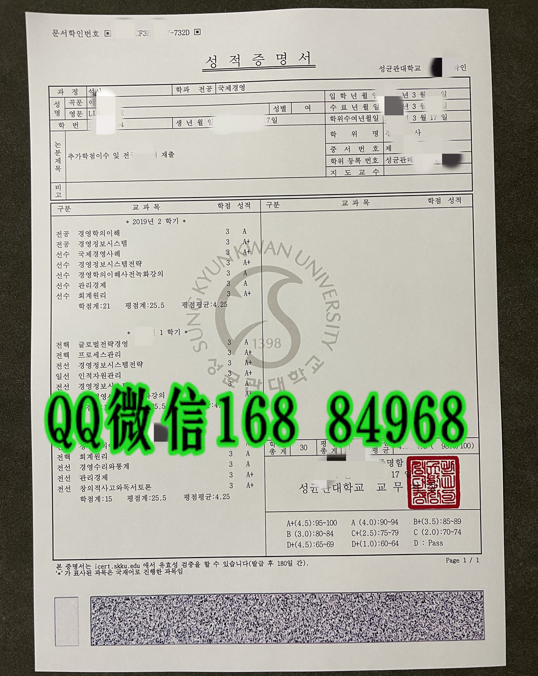 2021年韩国成均馆大学成绩单，sungkunkwan University transcript