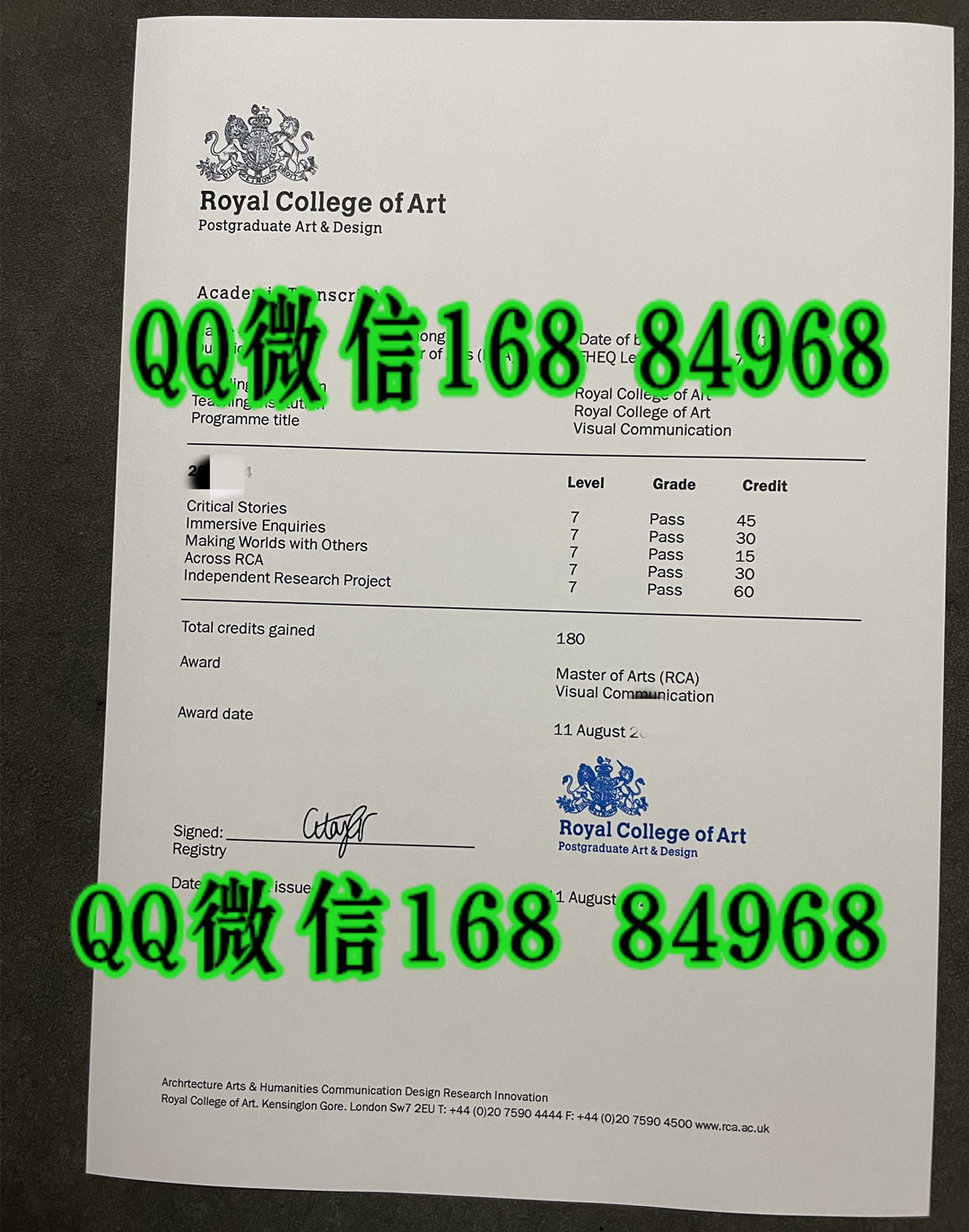 英国皇家艺术学院成绩单，Royal College of Art transcript