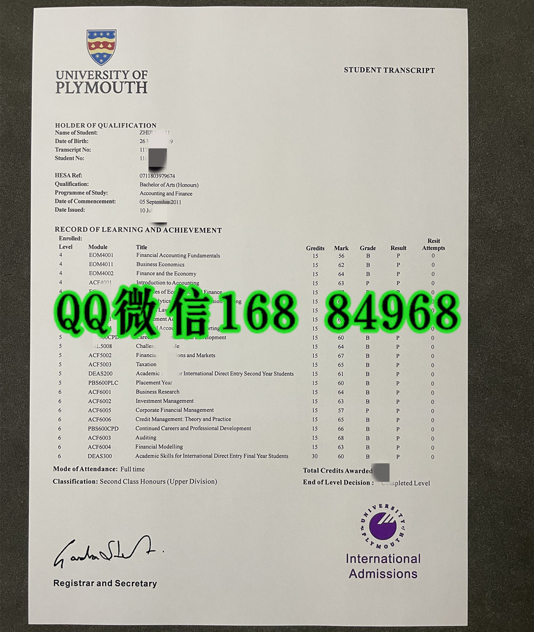 定制英国大学成绩单，英国普利茅斯大学成绩单，University of Plymouth transcript