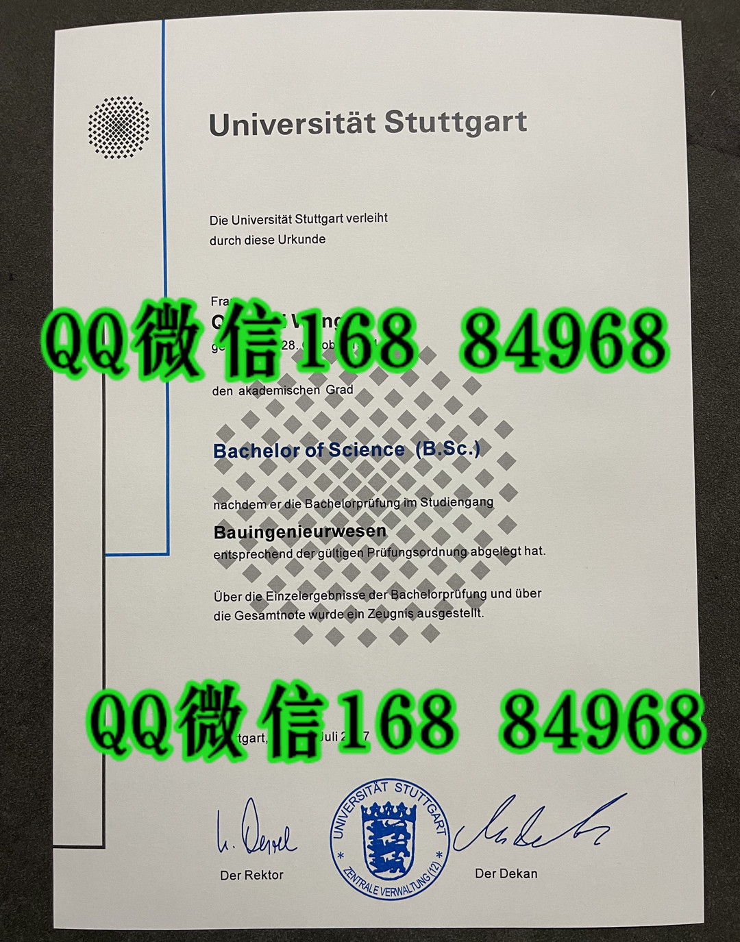 德国斯图加特大学本科毕业证理学士学位证书，University of Stuttgart diploma degree