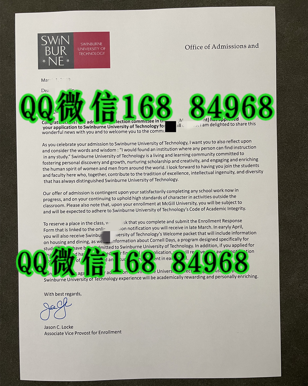 澳洲斯威本科技大学录取通知书，Swinburne University of Technology offer