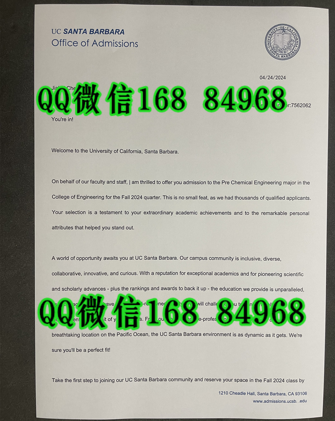 加利福尼亚大学圣巴巴拉分校录取通知书，University of California, Santa Barbara offer