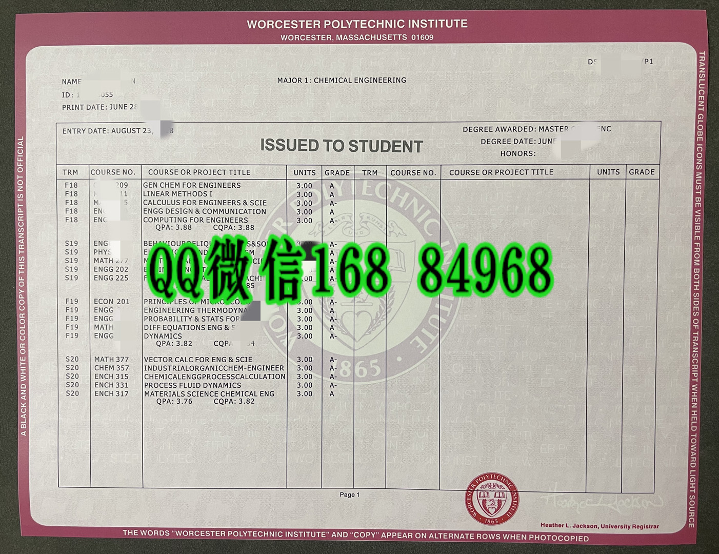 美国伍斯特理工学院毕业证成绩单，Worcester Polytechnic Institute diploma certificate