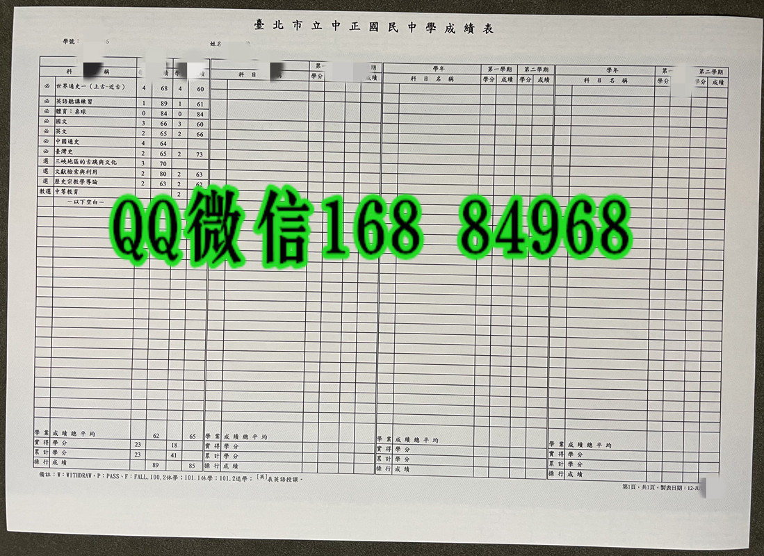 台北市立中正国民中学成绩单，Zhong Zheng Junior High School transcript