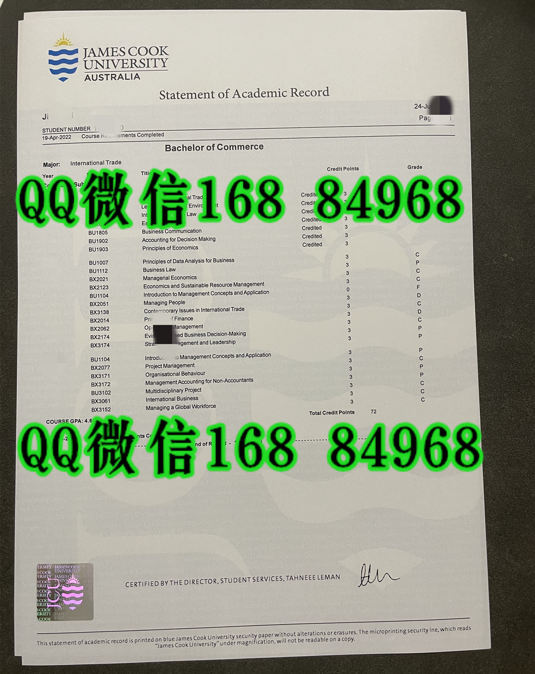 澳大利亚詹姆斯·库克大学成绩单，澳洲JCU大学成绩单James Cook University transcript
