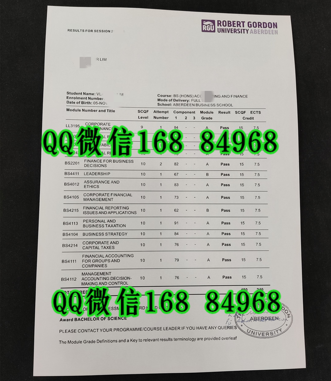 英国罗伯特戈登大学成绩单，Robert Gordon University transcript