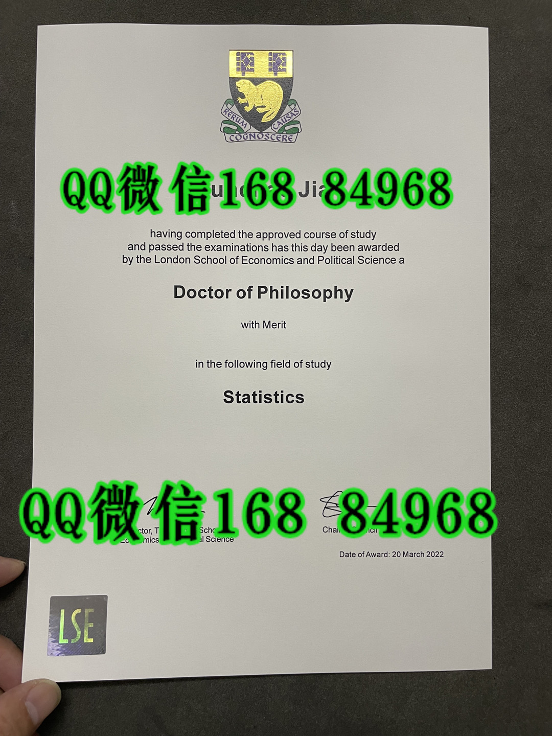 伦敦政治经济学院LSE统计学哲学博士PhD学位证书，英国LSE大学毕业证