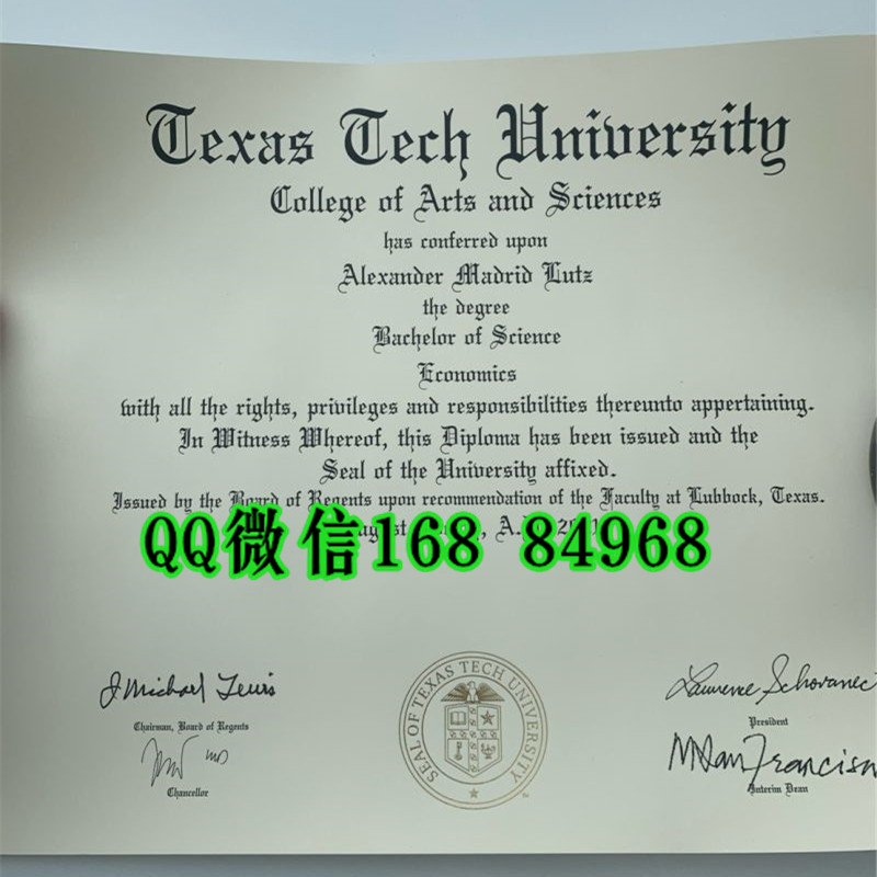 美国得克萨斯理工大学经济学理学学士学位毕业证，Texas Tech University diploma degree