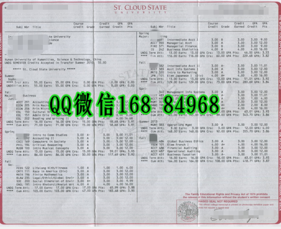美国圣克劳德州立大学St. Cloud State University成绩单，St. Cloud State University transcript