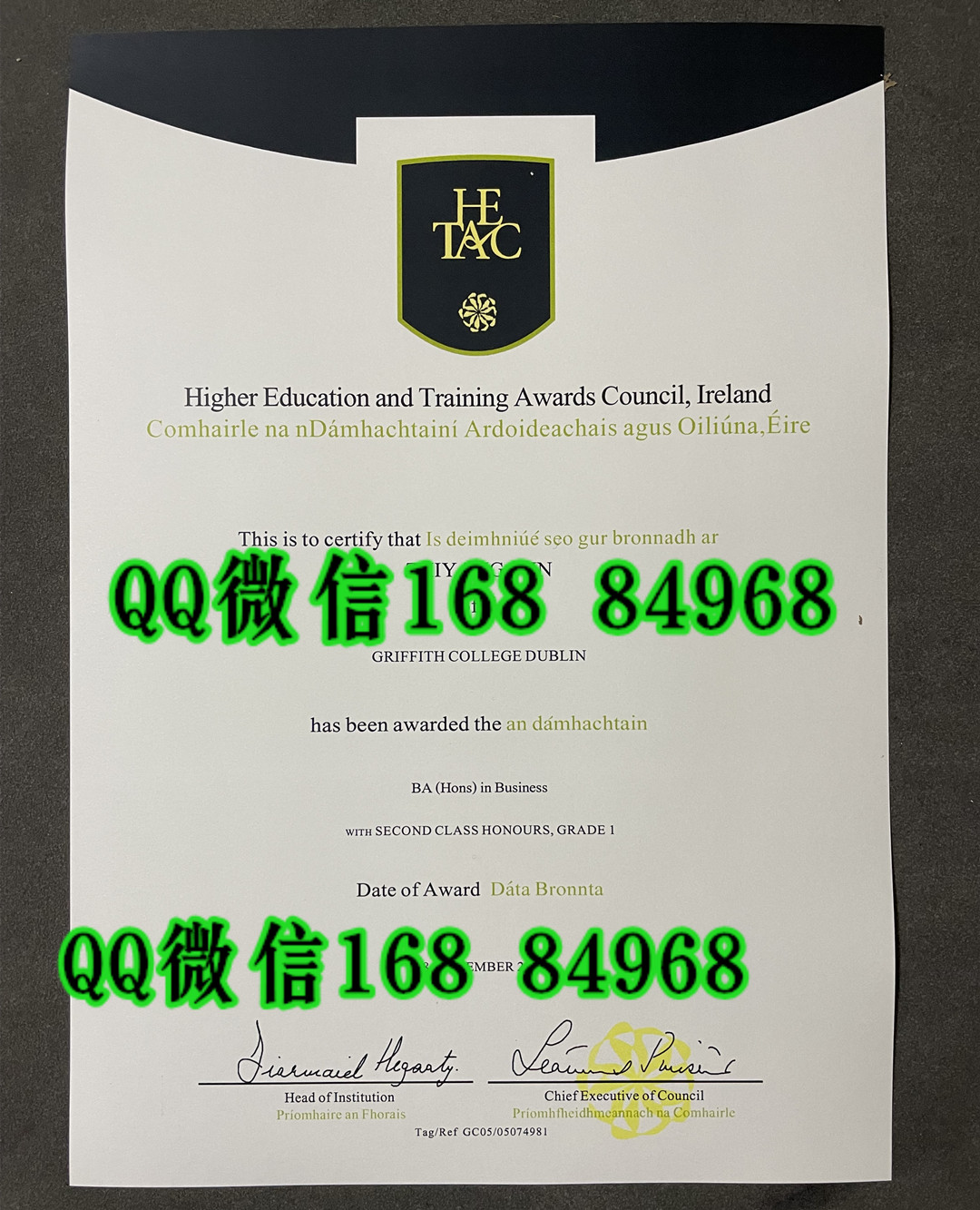 爱尔兰格里菲斯大学毕业证学位证,爱尔兰格里菲斯大学文凭样本