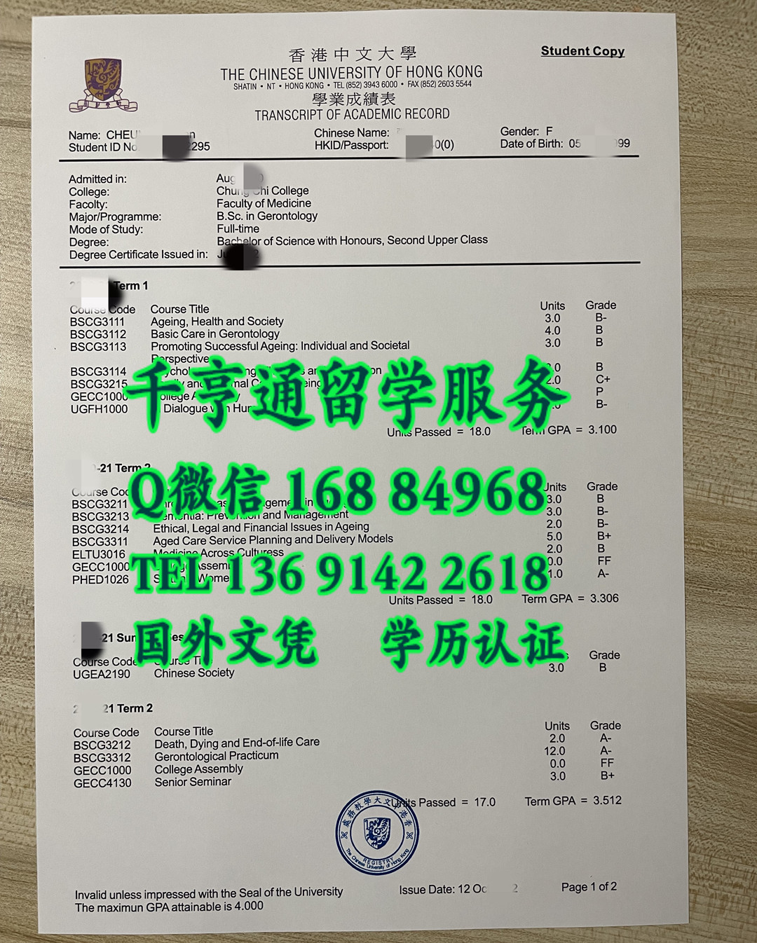 香港中文大学BSc in Gerontology老年学理学学士成绩单学历资料