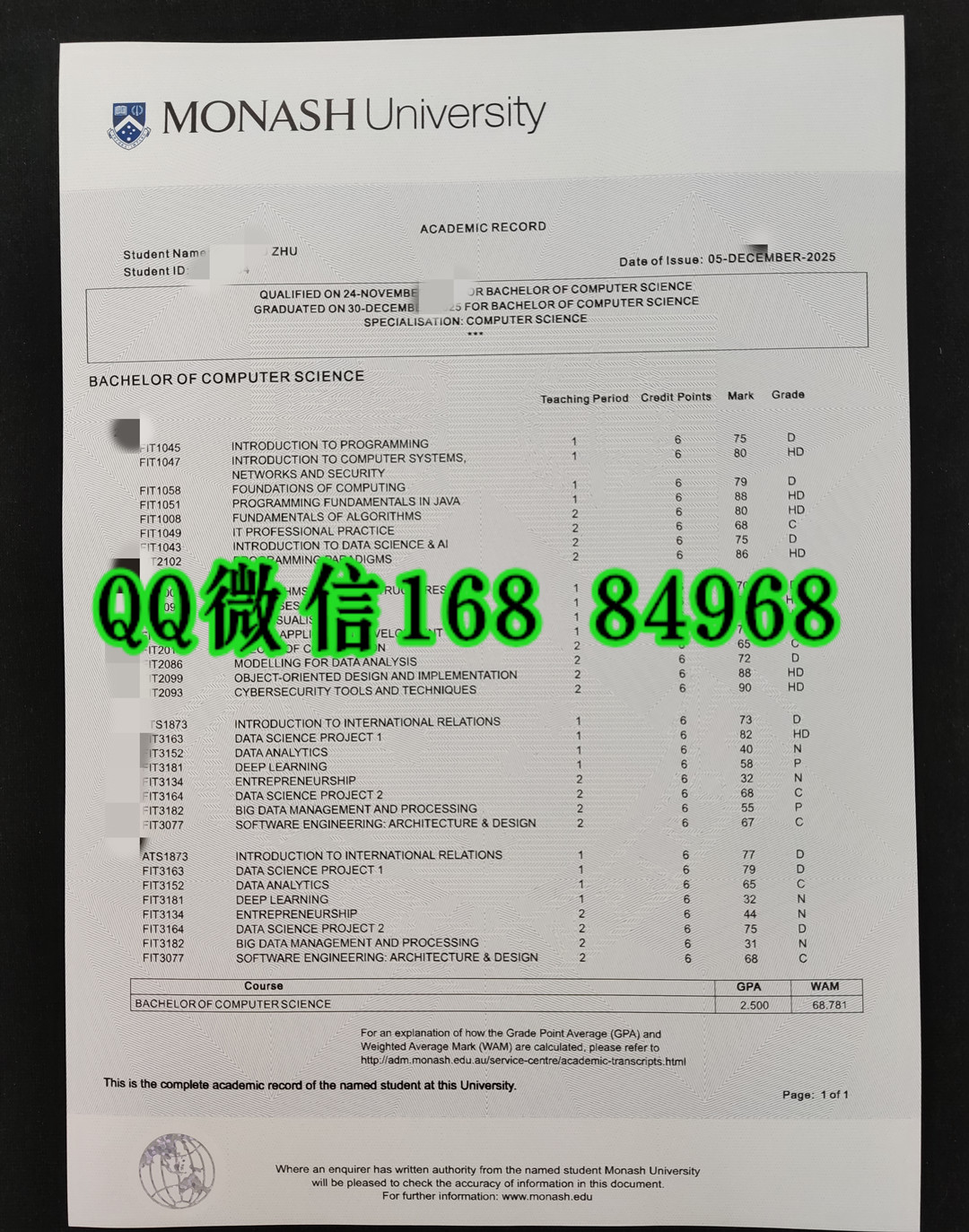 澳洲莫纳什大学成绩单计算机科学专业本科成绩单，Monash University transcript bachelor Computer Science